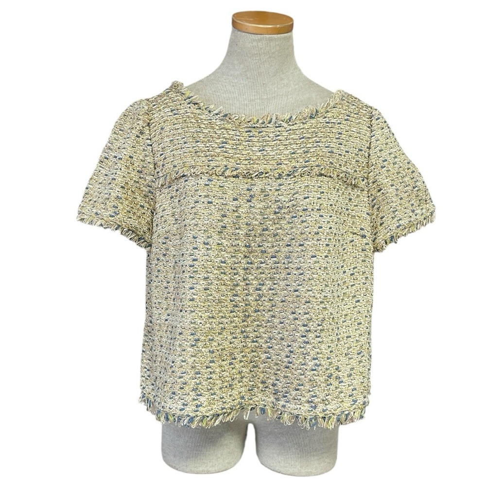 St. John Couture Sweater Gold Cream Blue Women's Knit Top Size XL Short Sleeves